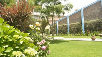 Un jardín bien cuidado con diversas flores y arbustos, un muro de ladrillo y un sendero.