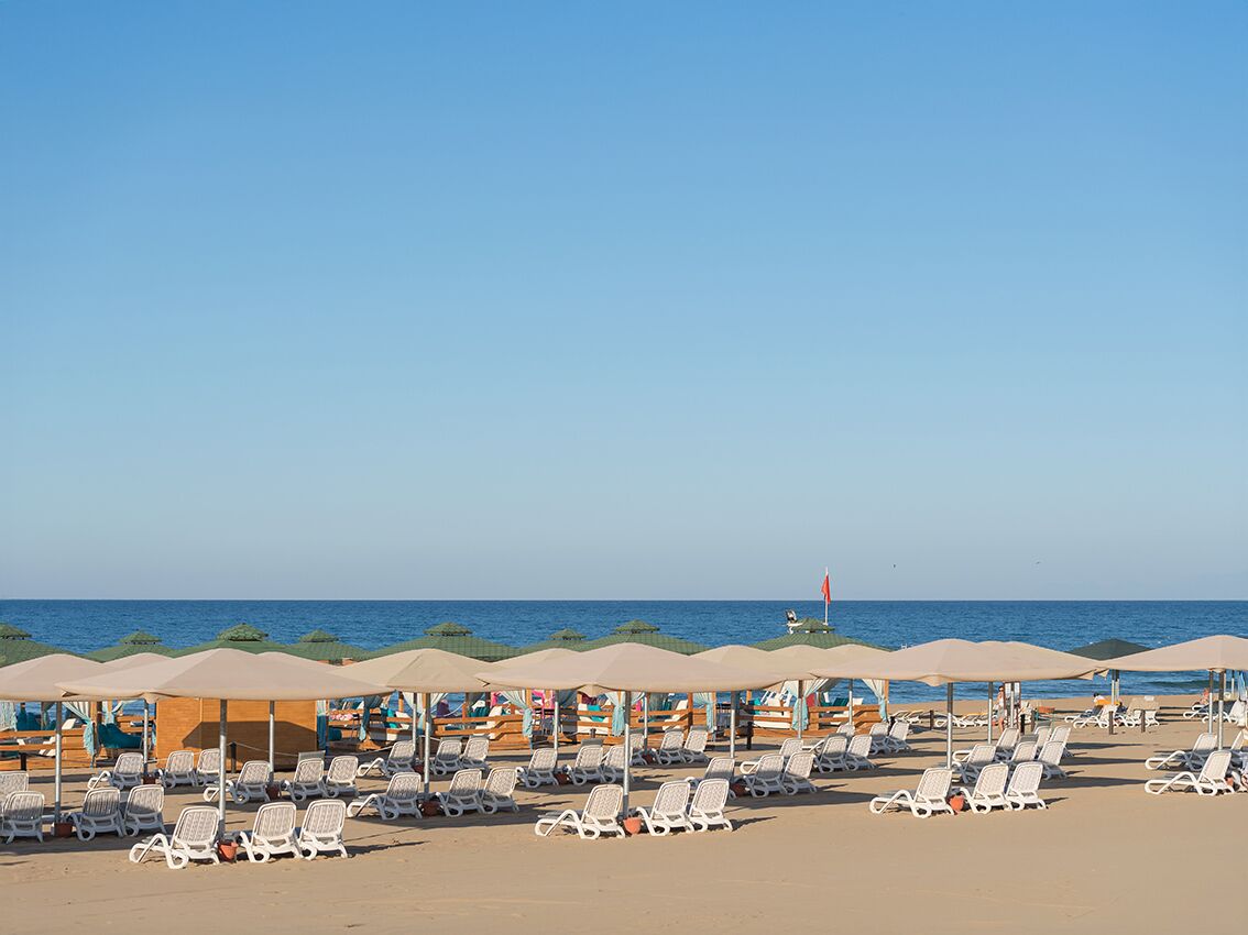 Une plage bordée de rangées de chaises longues et de parasols, un ciel dégagé et l’océan en toile de fond.
