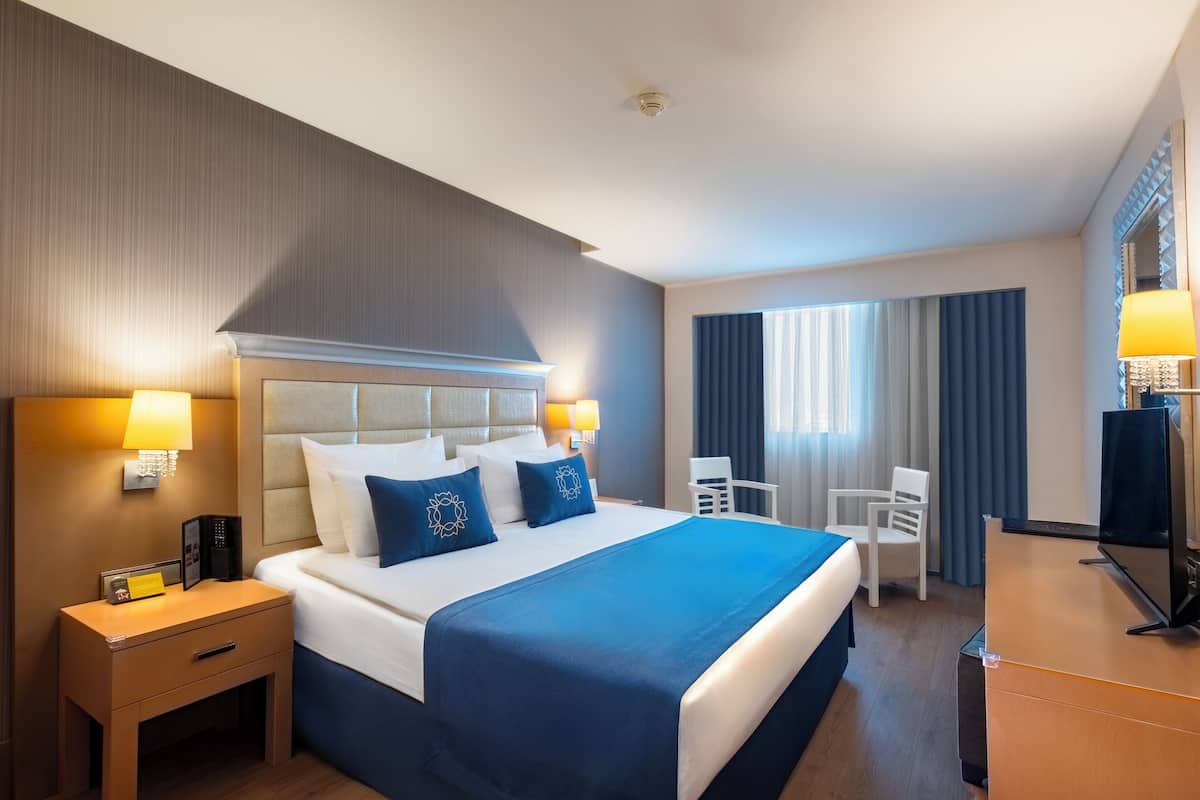 A hotel room with a large bed, bedside tables, a desk, and a television.