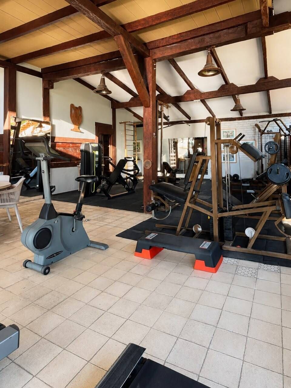 Une salle de sport équipée de matériel d’exercice, notamment un vélo d’appartement, un banc de musculation et un support pour les exercices de squat.