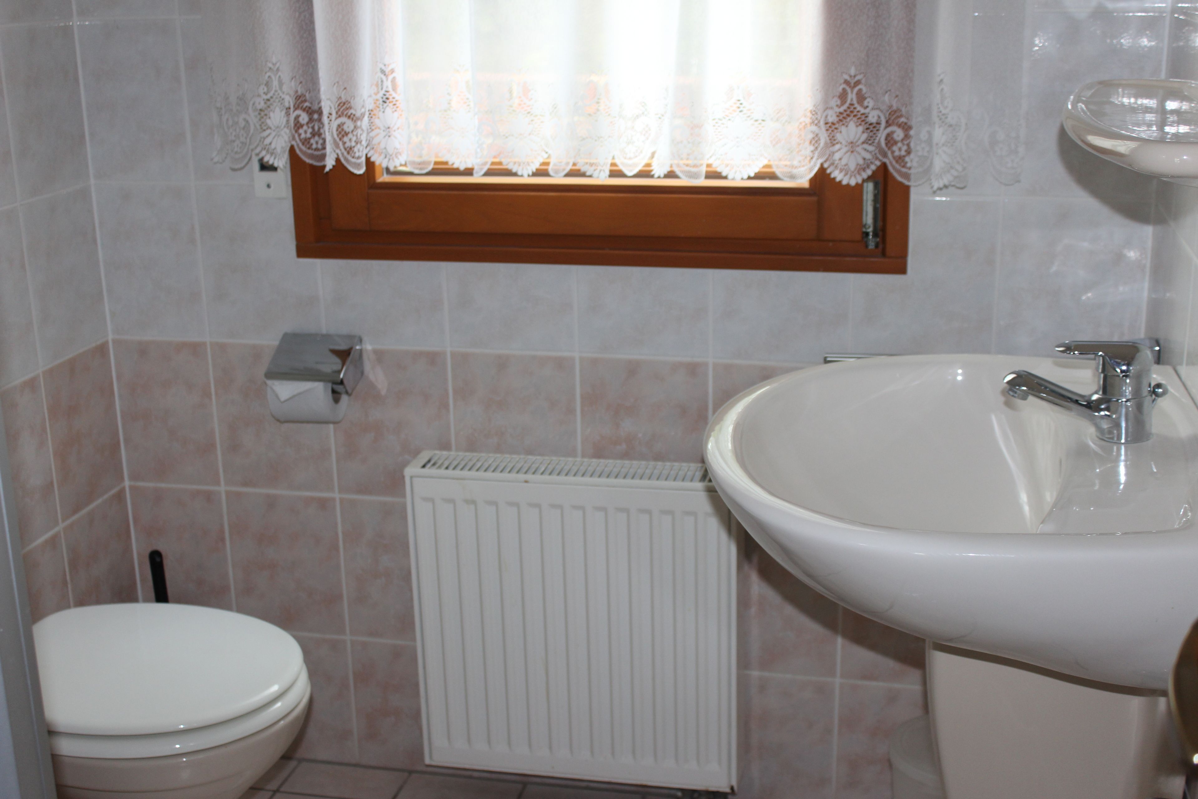 A bathroom with a toilet, a sink, and a window with lace curtains.