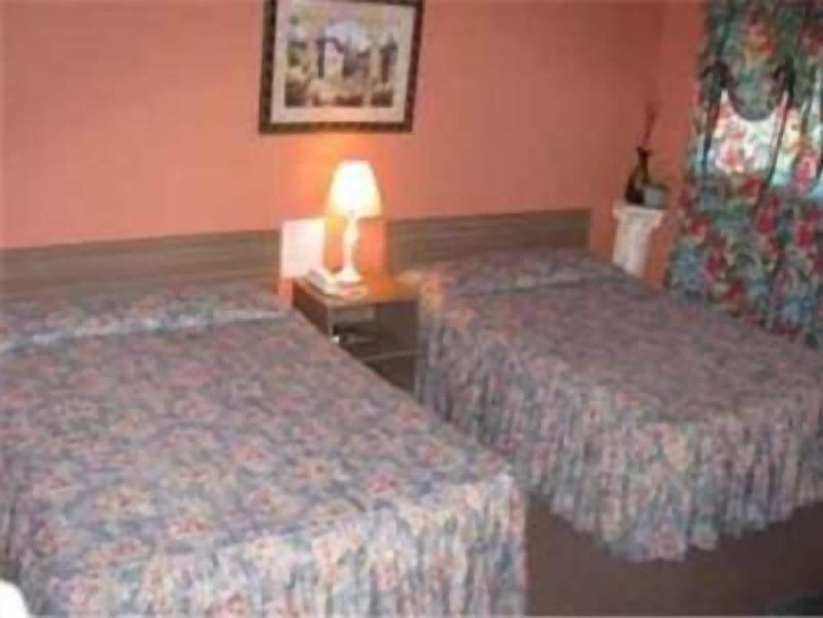 A room with two beds, a nightstand with a lamp, a framed picture on the wall, and a floral curtain.