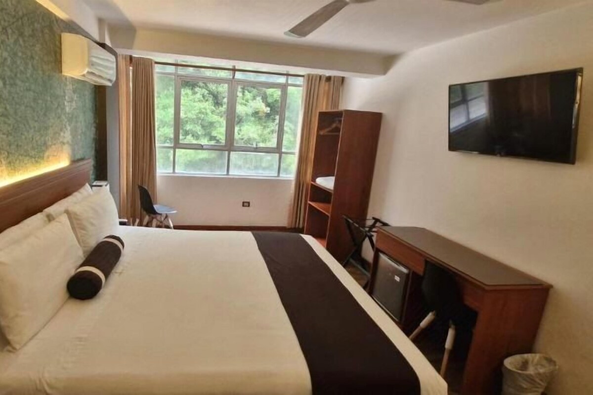 Hotellihuone, jossa on suuri sänky, työpöytä, tuoli, televisio ja ikkuna, josta on näkymä vehreään maisemaan.