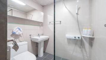 Shower, free toiletries, hair dryer, slippers