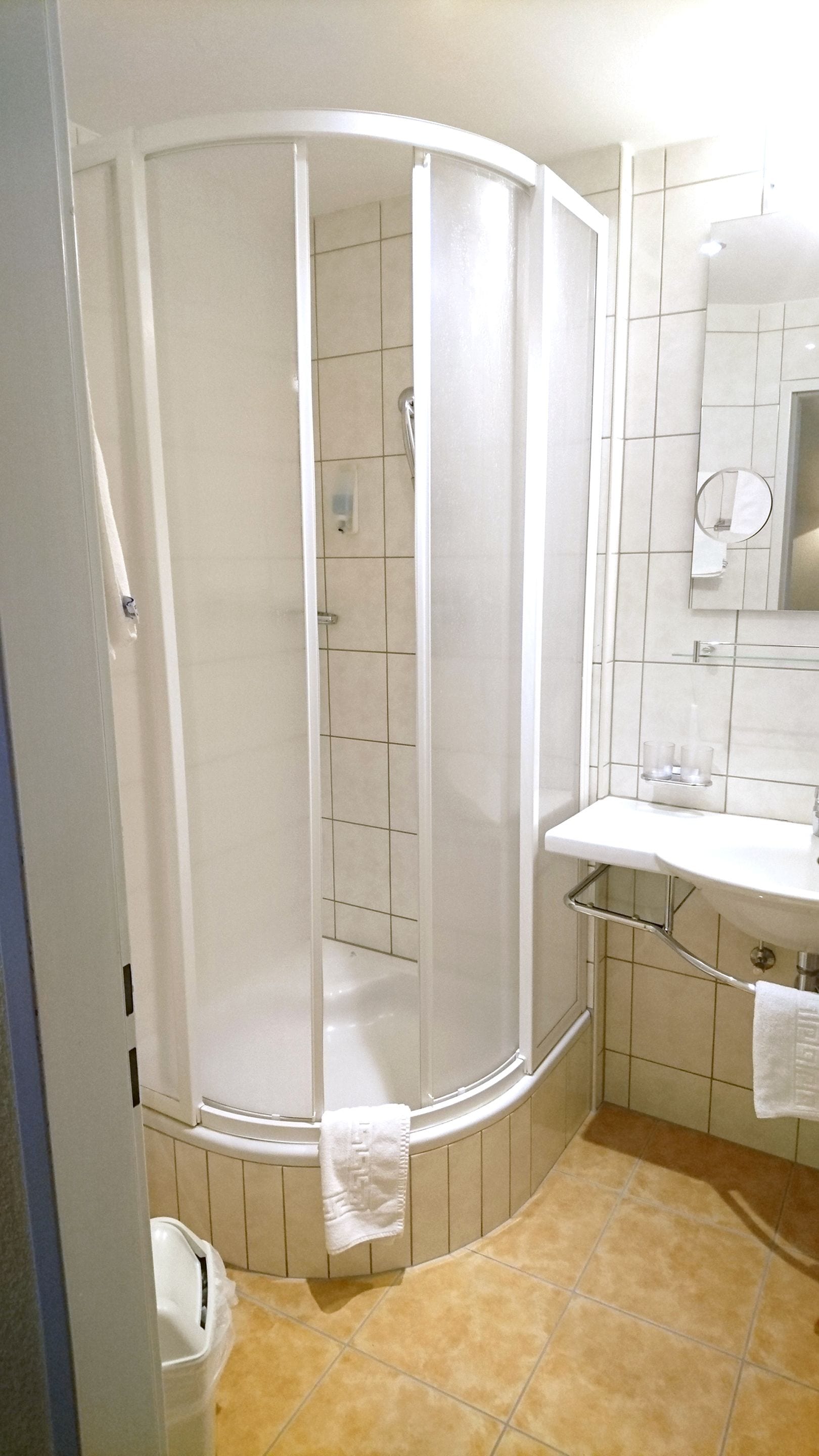A bathroom with a shower enclosure, a sink, and a mirror.