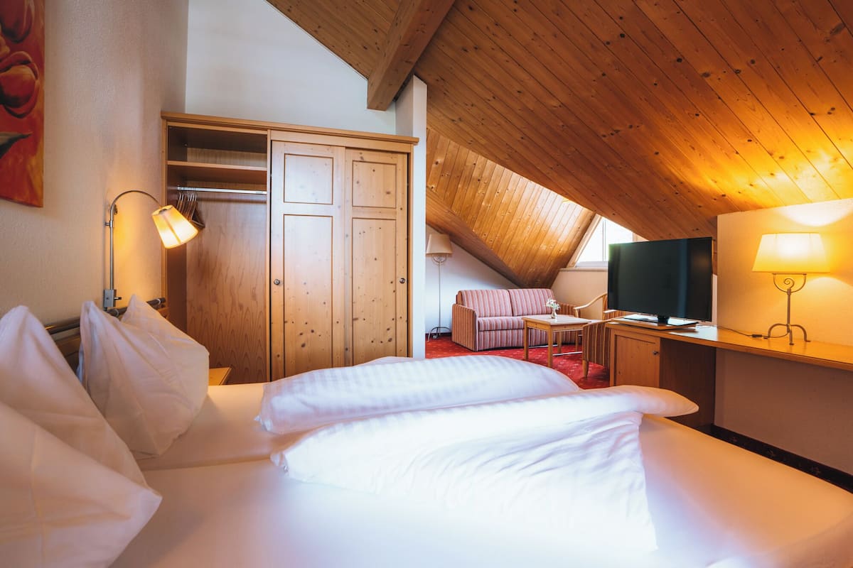 A bedroom with a bed, a TV, a desk, a sofa, and a wardrobe.