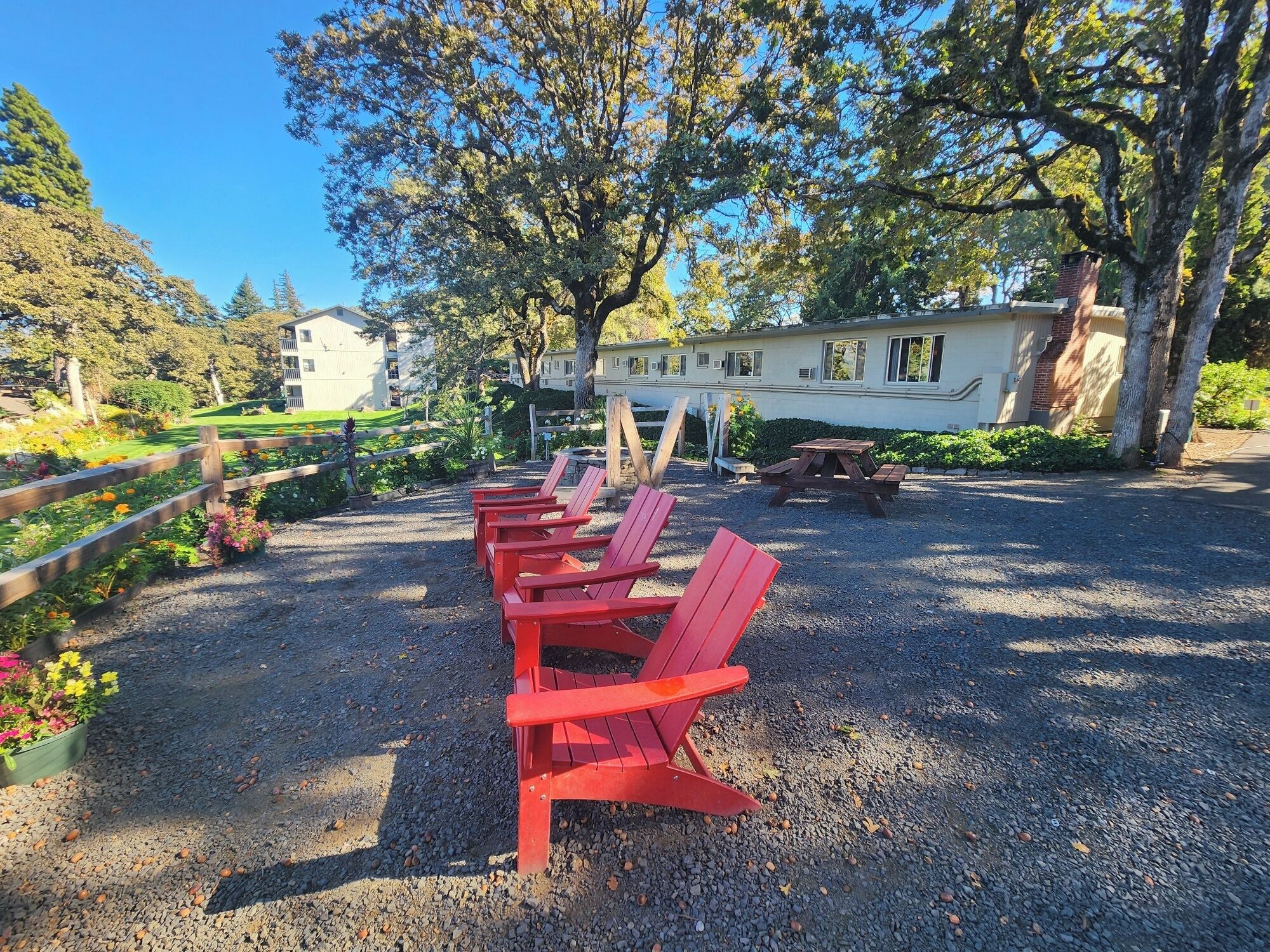 A gravel area with red Adirondack chairs and a picnic table, surrounded by trees and a building with a white exterior.