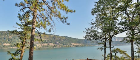 A lakeside picnic area with benches and a wooden fence, surrounded by trees and hills.