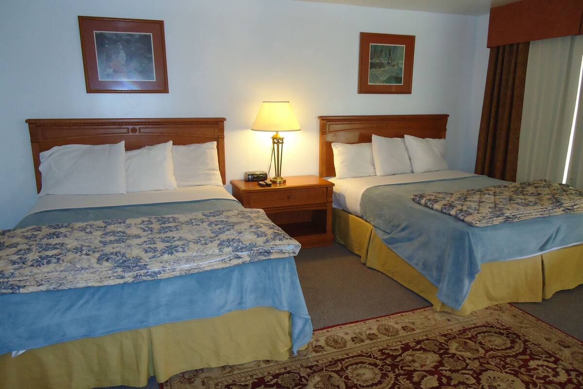 A hotel room with two beds, a nightstand with a lamp, and a large patterned rug.