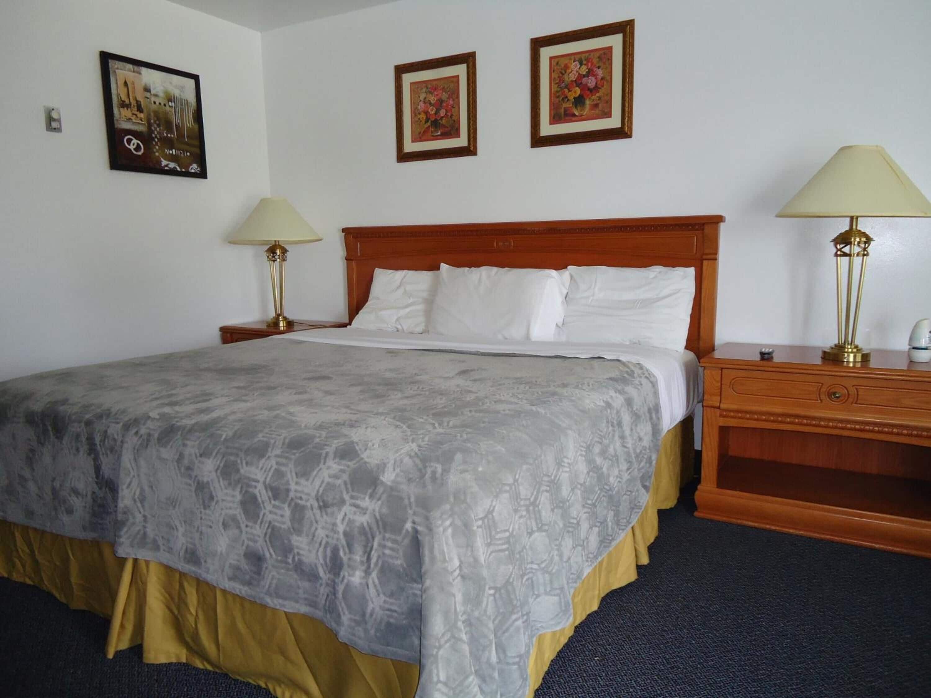 Una habitación de hotel con una cama grande, dos mesitas de noche y un buró de madera.
