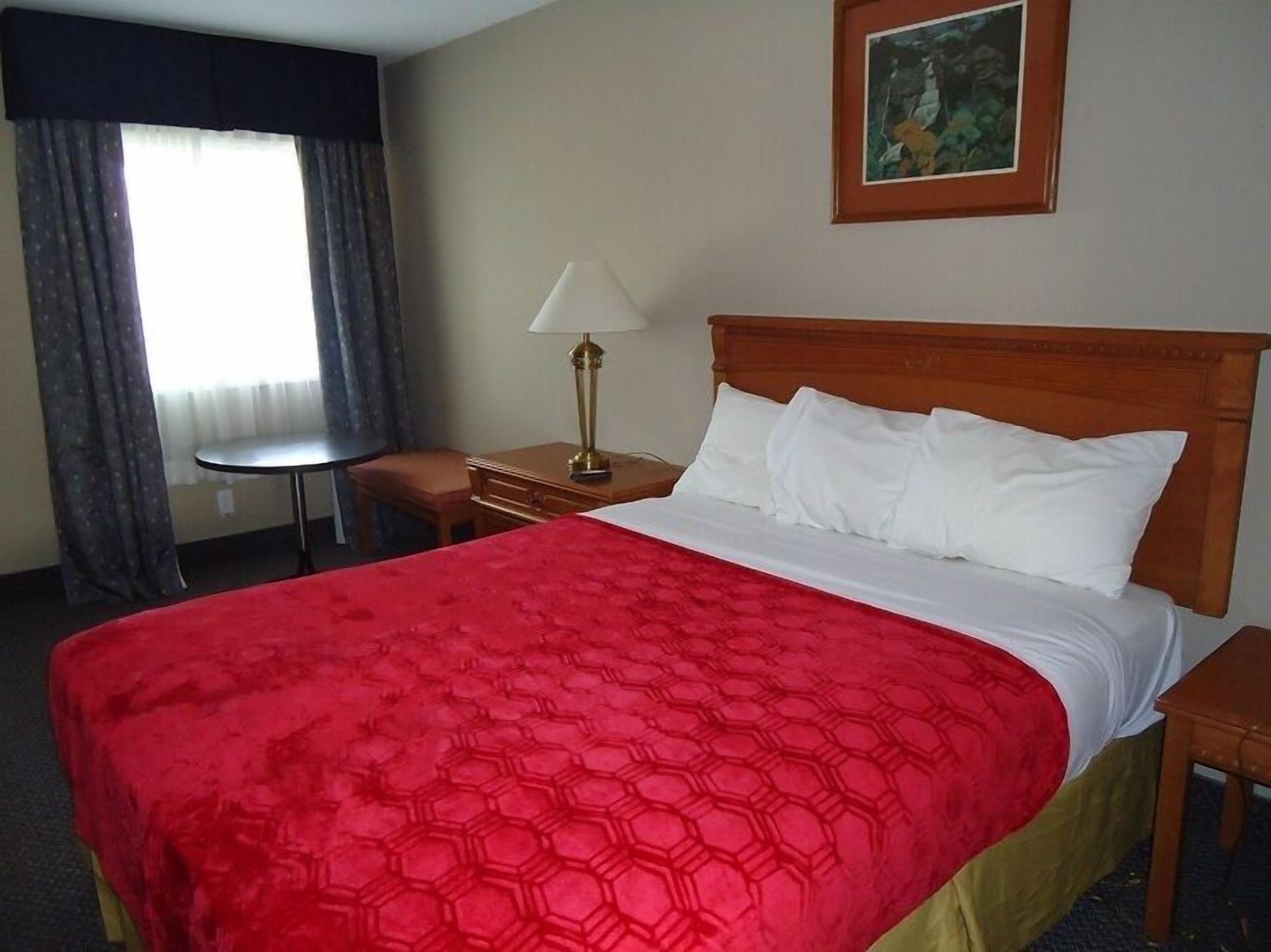 A hotel room with a large bed, a nightstand, a lamp, a small table, and a painting on the wall.