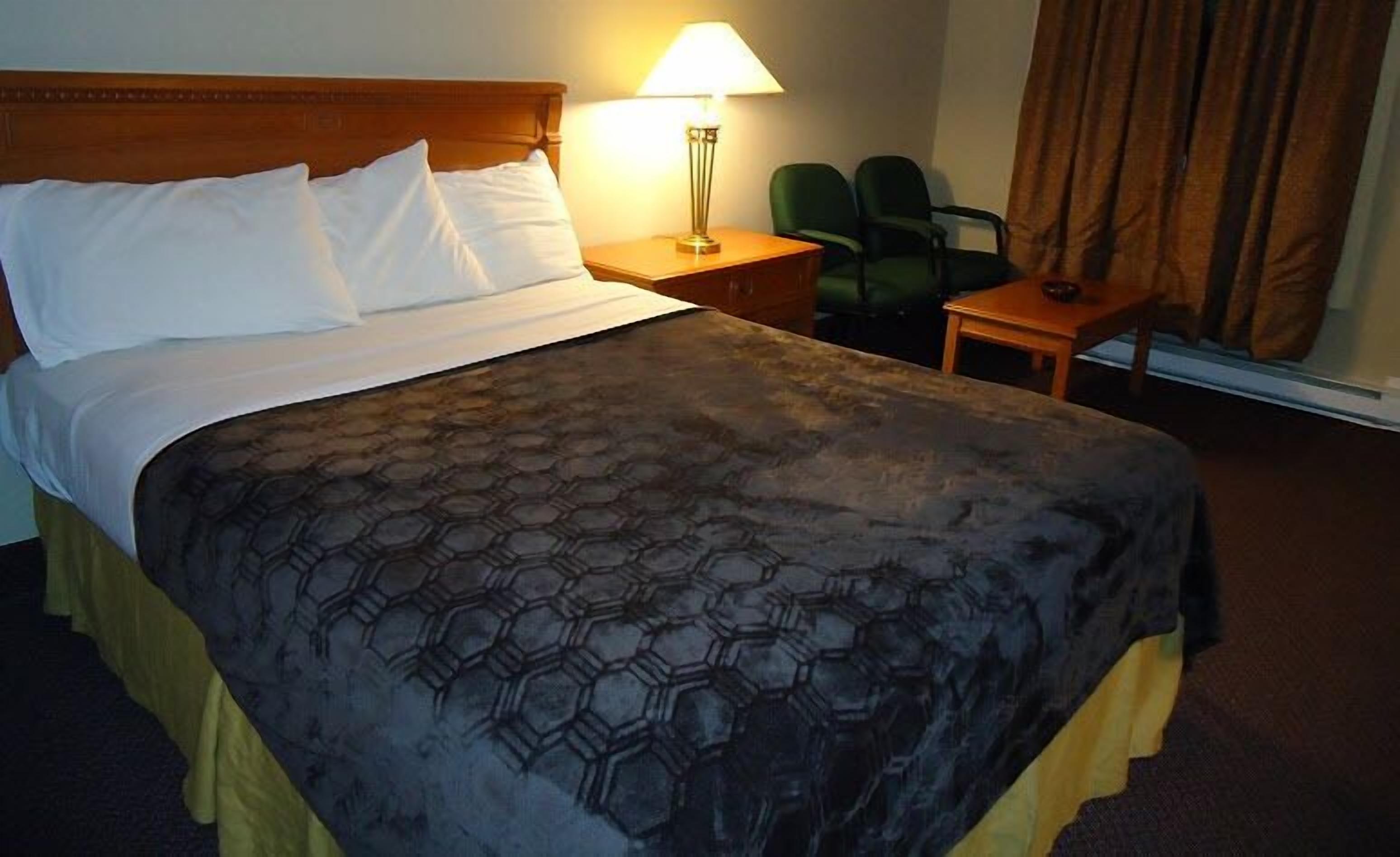 A hotel room with a large bed, a nightstand, a lamp, a chair, and a window with curtains.