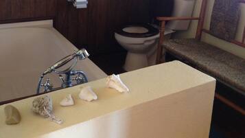 Combined shower/bathtub, deep-soaking bathtub, hair dryer, towels