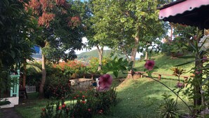 A garden with a variety of plants and flowers, a wooden fence, and a view of a distant landscape. - Italian Guesthouse (Gros Islet)