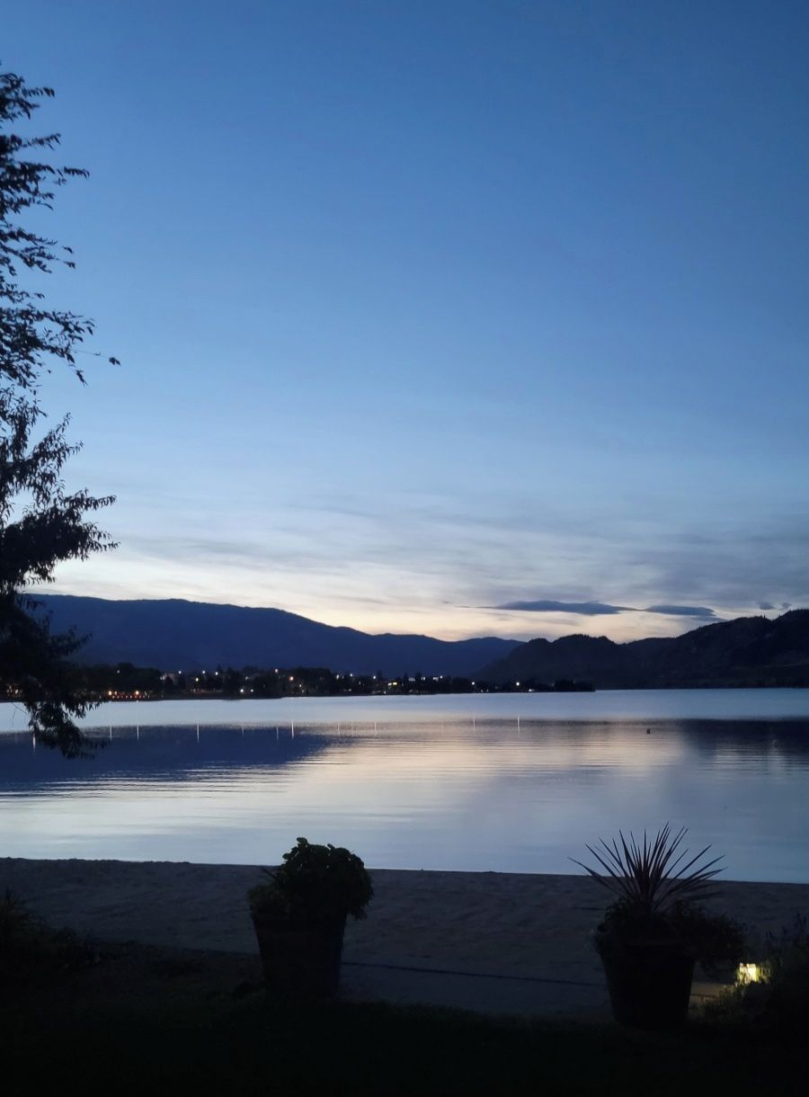A calm lake at dusk with mountains in the background and two potted plants in the foreground.