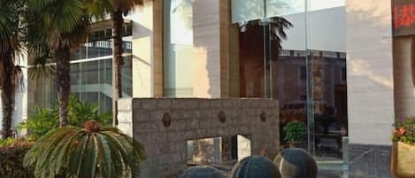 A building entrance with a stone wall, large decorative vases, and a palm tree.
