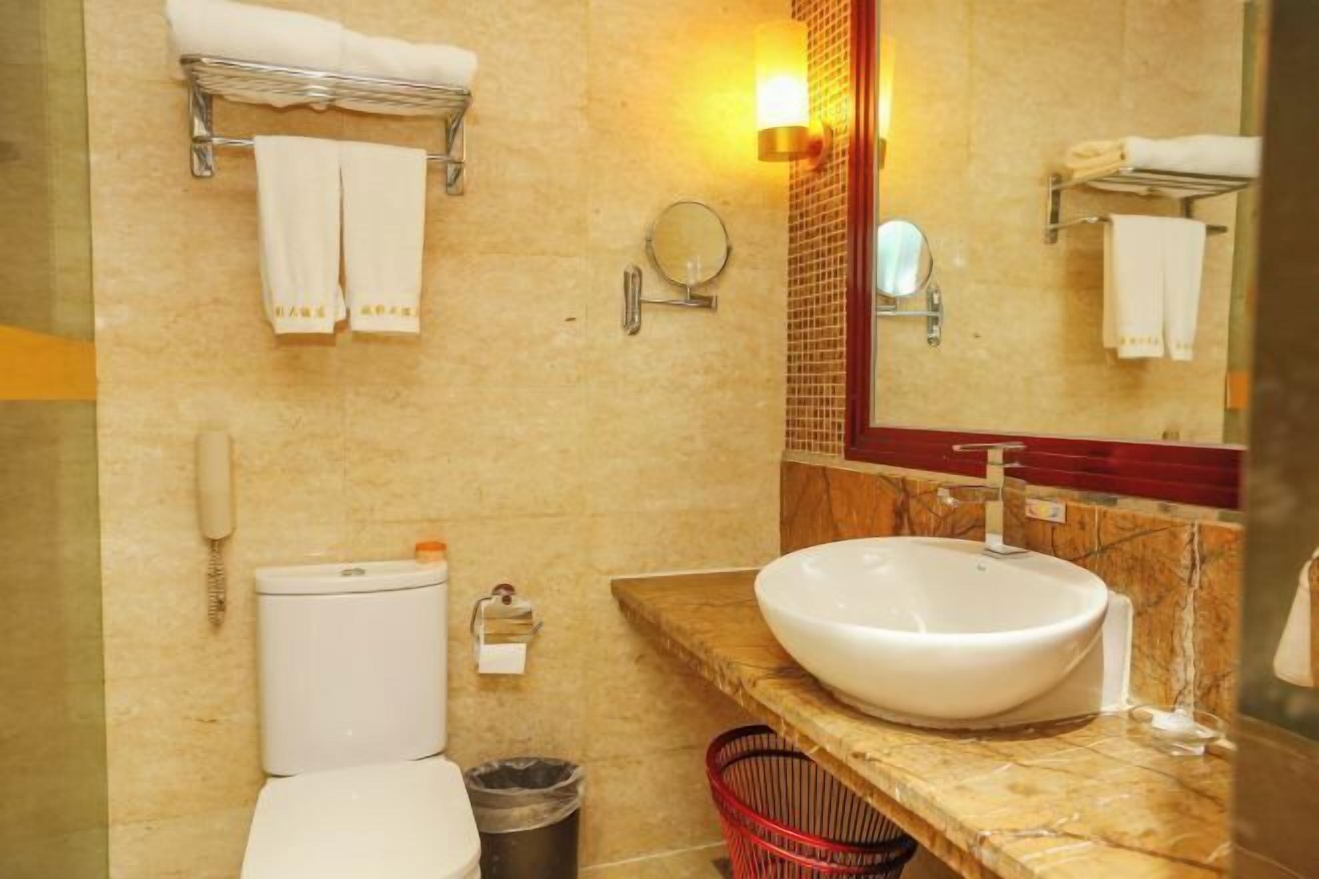 A bathroom with a toilet, sink, and mirror. There are towels hanging on hooks and a trash bin.