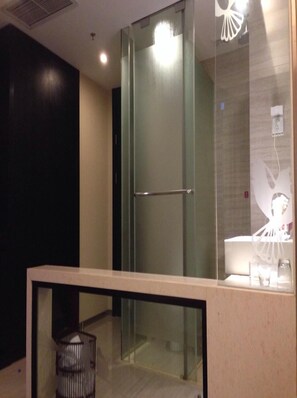 Une salle de bain moderne avec une douche à parois de verre, un lavabo blanc et un miroir.