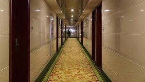 A hotel corridor with a patterned carpet, mirrored walls, and doors leading to rooms. - Greentree Inn Shanghai Baoshan Yanghang Shuichan Road Hotel (Shanghai)
