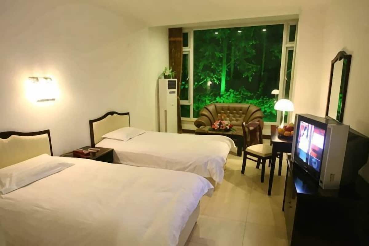 A hotel room with two beds, a TV, a desk, and a view of greenery outside.