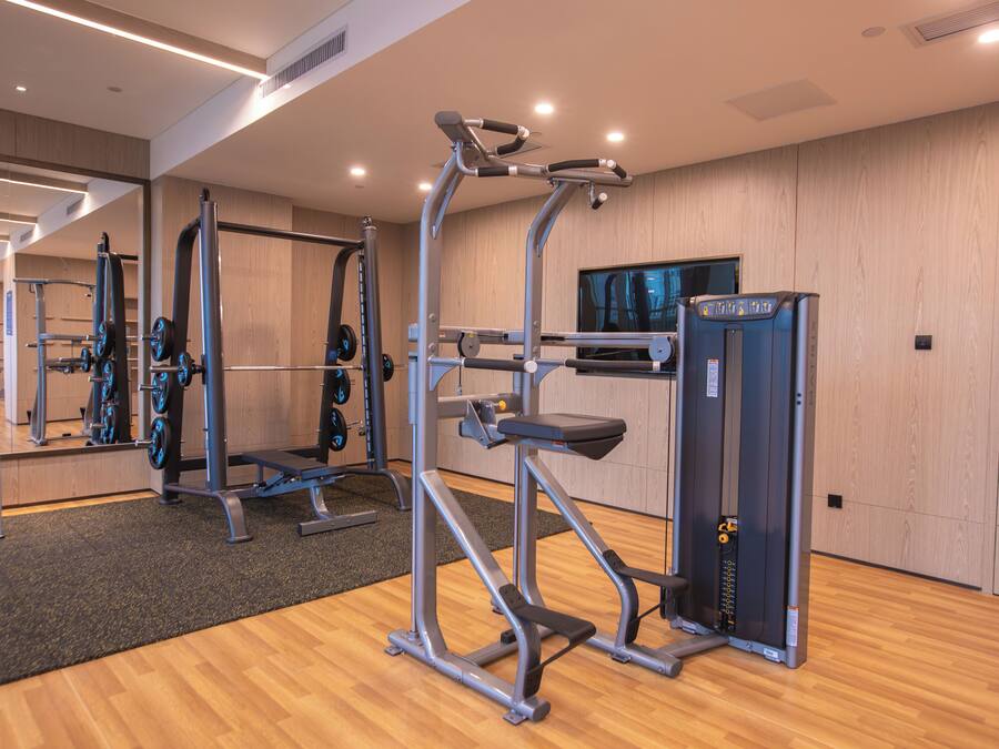 A gym with various exercise equipment, a mirrored wall, and a television.