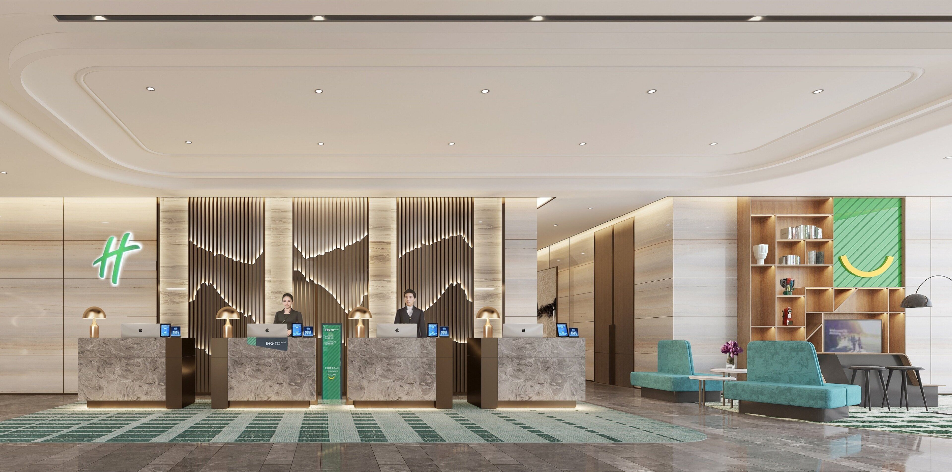 A hotel reception area with a modern design, featuring a reception desk, two receptionists, a green sign, and a seating area with a sofa and chairs.