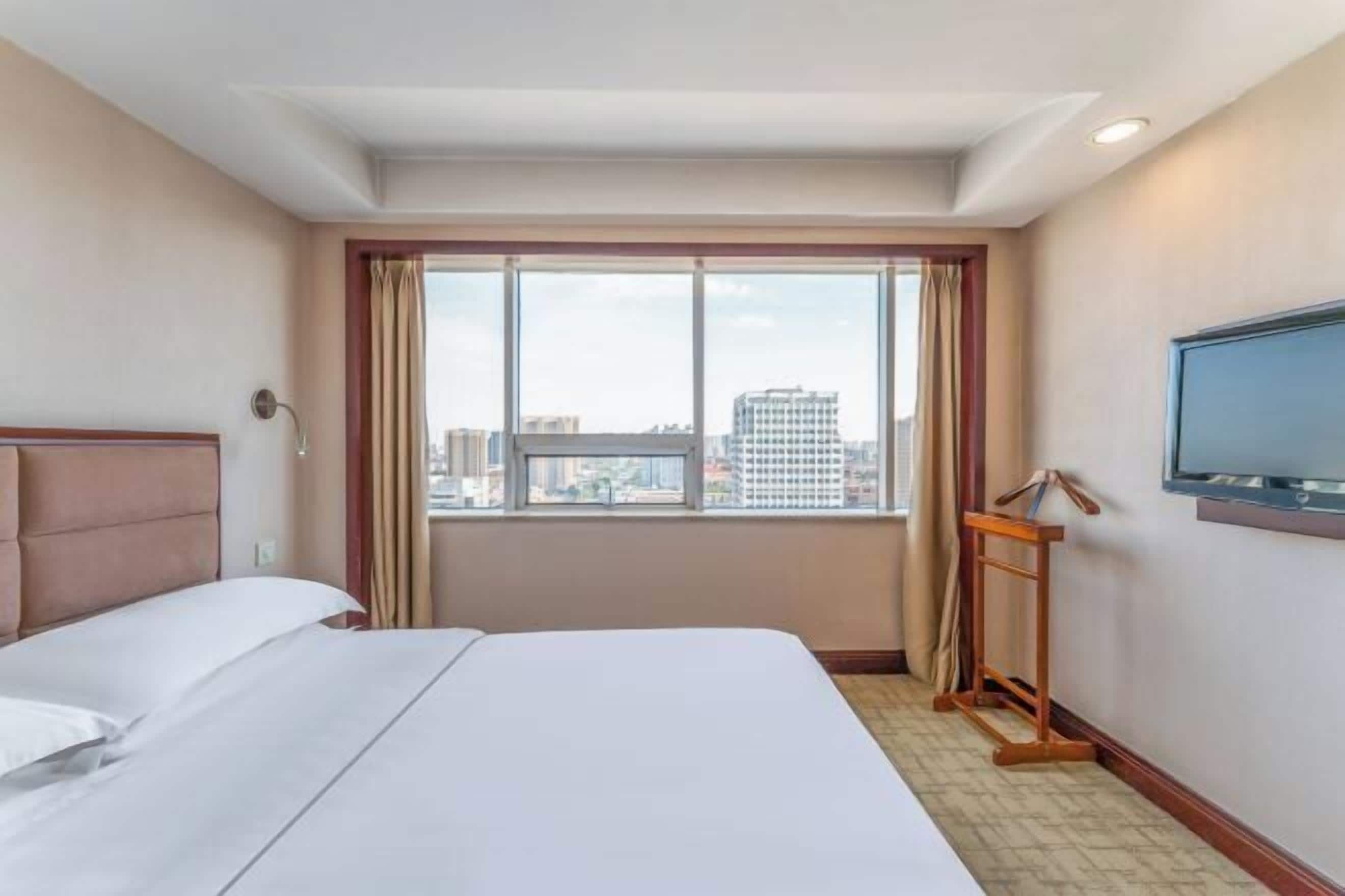 A hotel room with a bed, a television, a window with curtains, and a city view.