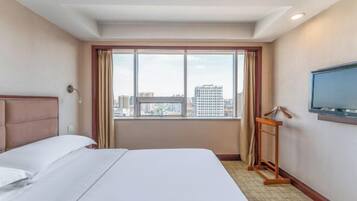 A hotel room with a bed, a television, a window with curtains, and a city view.