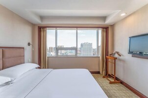 A hotel room with a bed, a television, a window with curtains, and a city view.