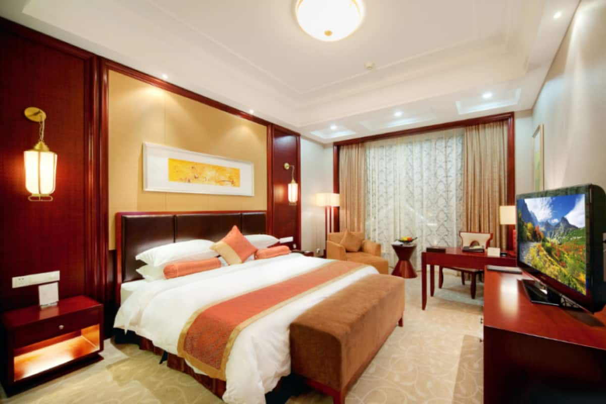 Une chambre d’hôtel avec un grand lit, un bureau, une télévision et une chaise.