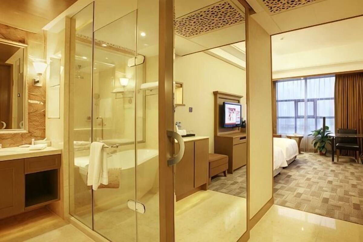 Une chambre d’hôtel dotée d’une douche en verre, d’un lit, d’une télévision et d’une grande fenêtre.