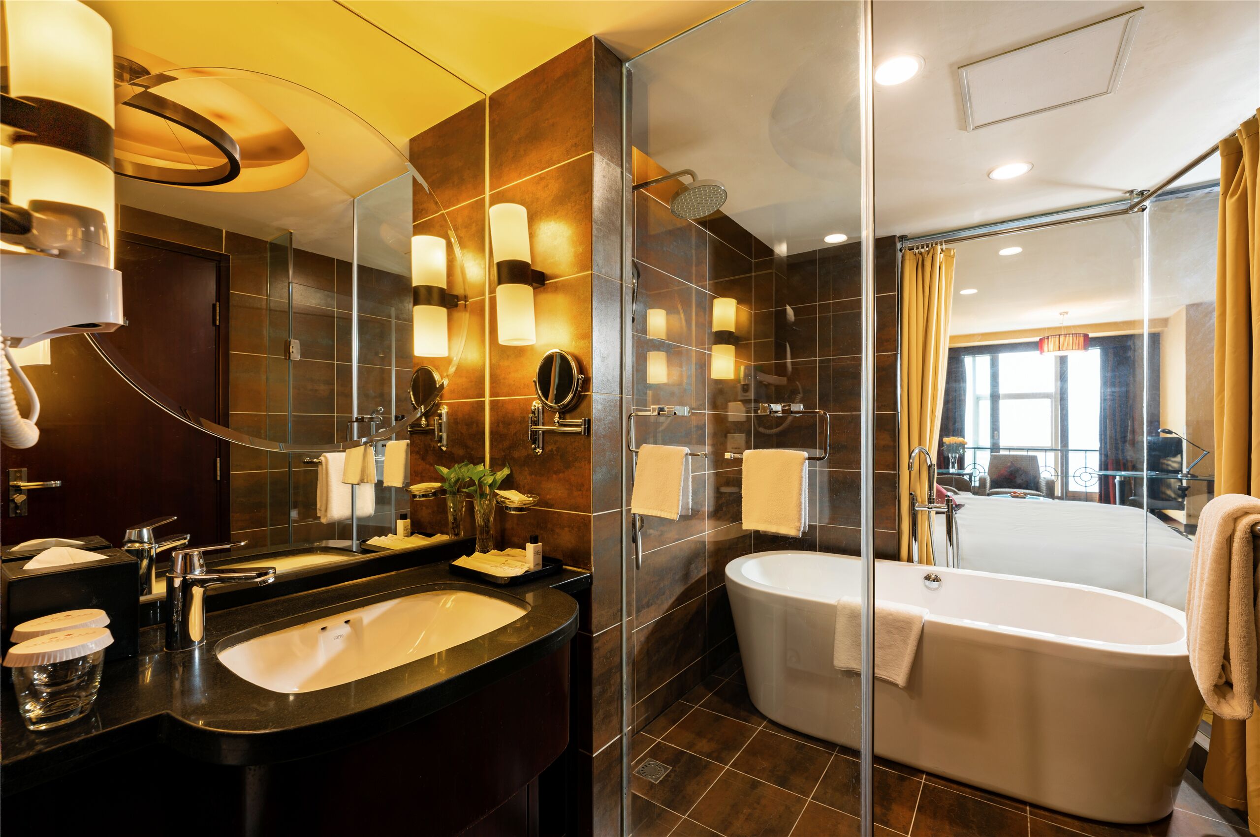 separate bathtub and shower, free toiletries, hair dryer, bathrobes