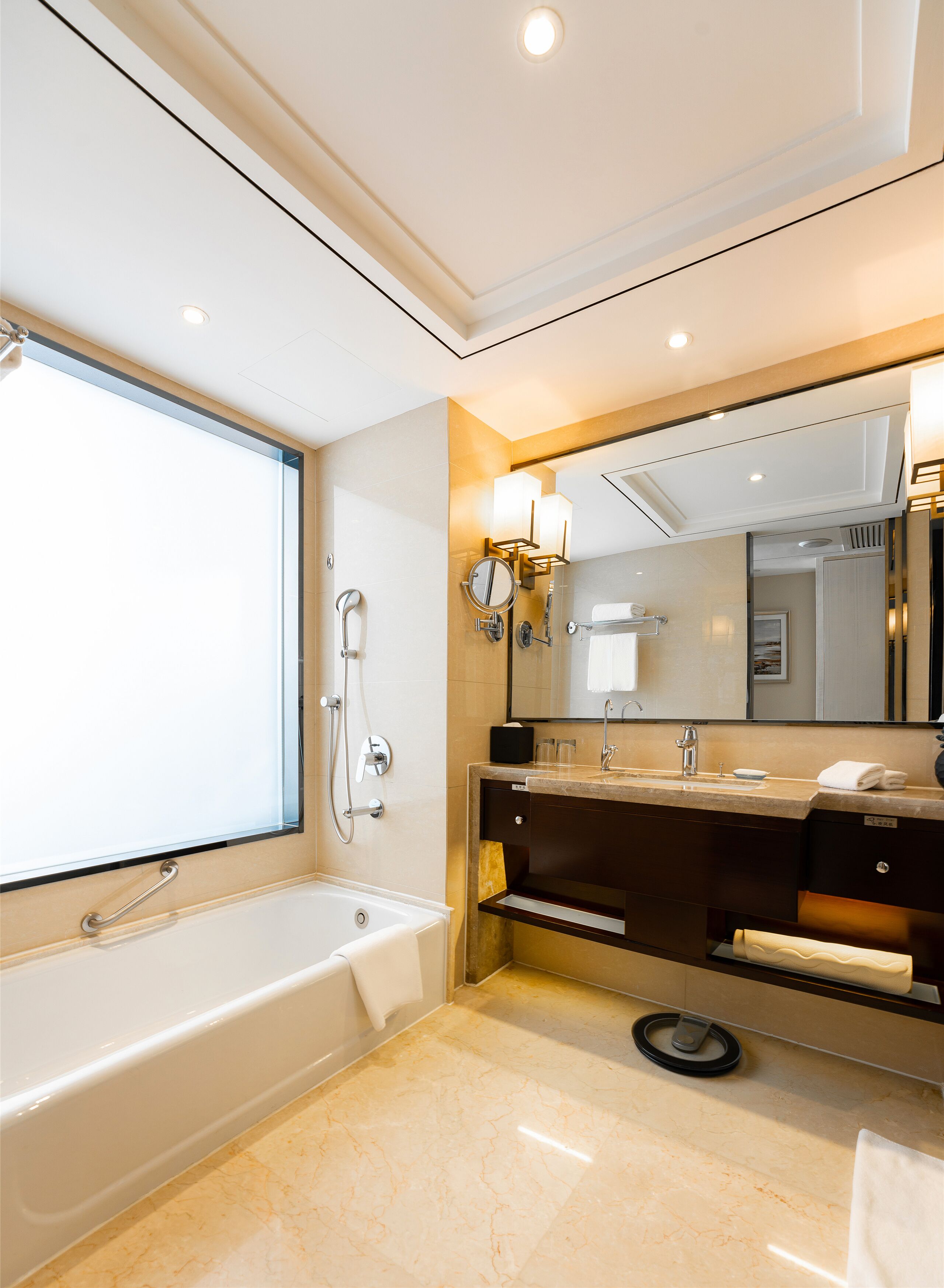 separate bathtub and shower, free toiletries, hair dryer, bathrobes