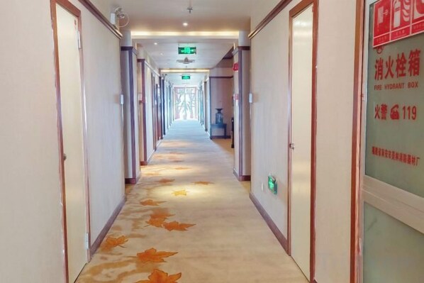 A hotel corridor with doors on both sides, a carpet with leaf patterns, and a fire hydrant box sign on the right wall.