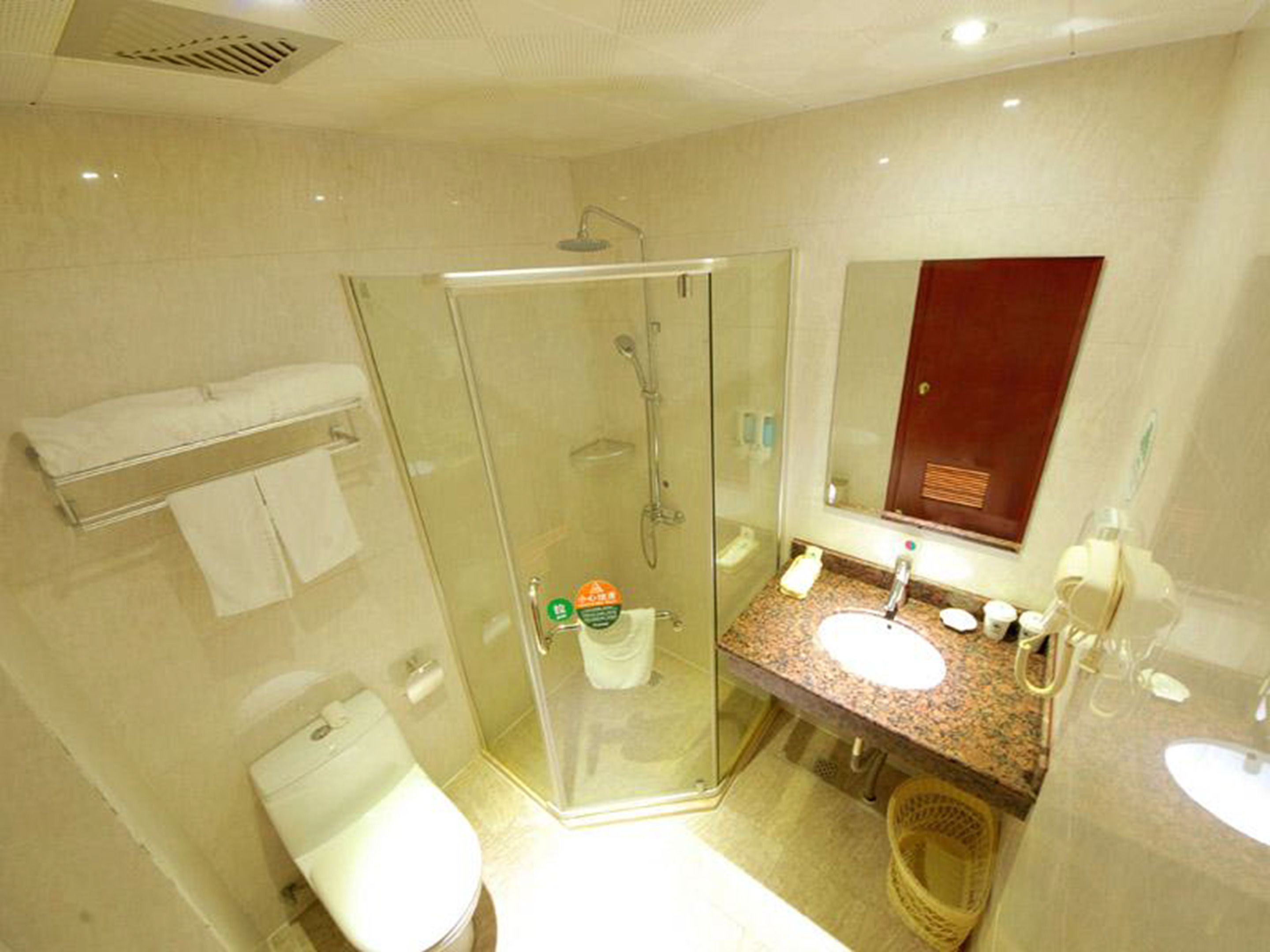 Shower, free toiletries, hair dryer, slippers