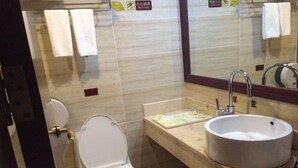Une salle de bain avec des toilettes, un lavabo et un miroir.