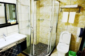 Un baño con ducha de vidrio, un lavabo blanco y un inodoro.
