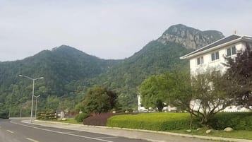 A residential street with a house, a mountain, and a clear sky.