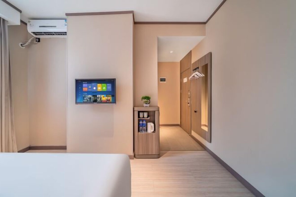 Habitación de hotel con cama, televisor de pared, una mesita con una planta y un pasillo que conduce a un armario.