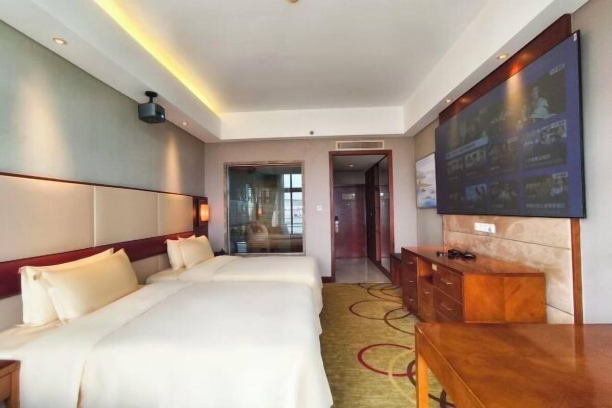 Camera d'albergo con un letto grande, una scrivania, una TV e vista sul corridoio.