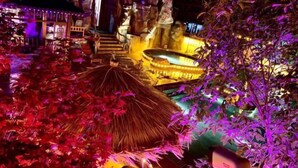 A tropical-themed outdoor area with a thatched-roof structure, a stone fountain, and a well-lit pathway. - Royal Hot Spring Hotel (Baishan)