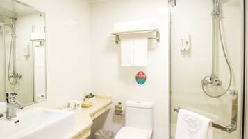 Regadera, secadora de cabello, pantuflas, toallas