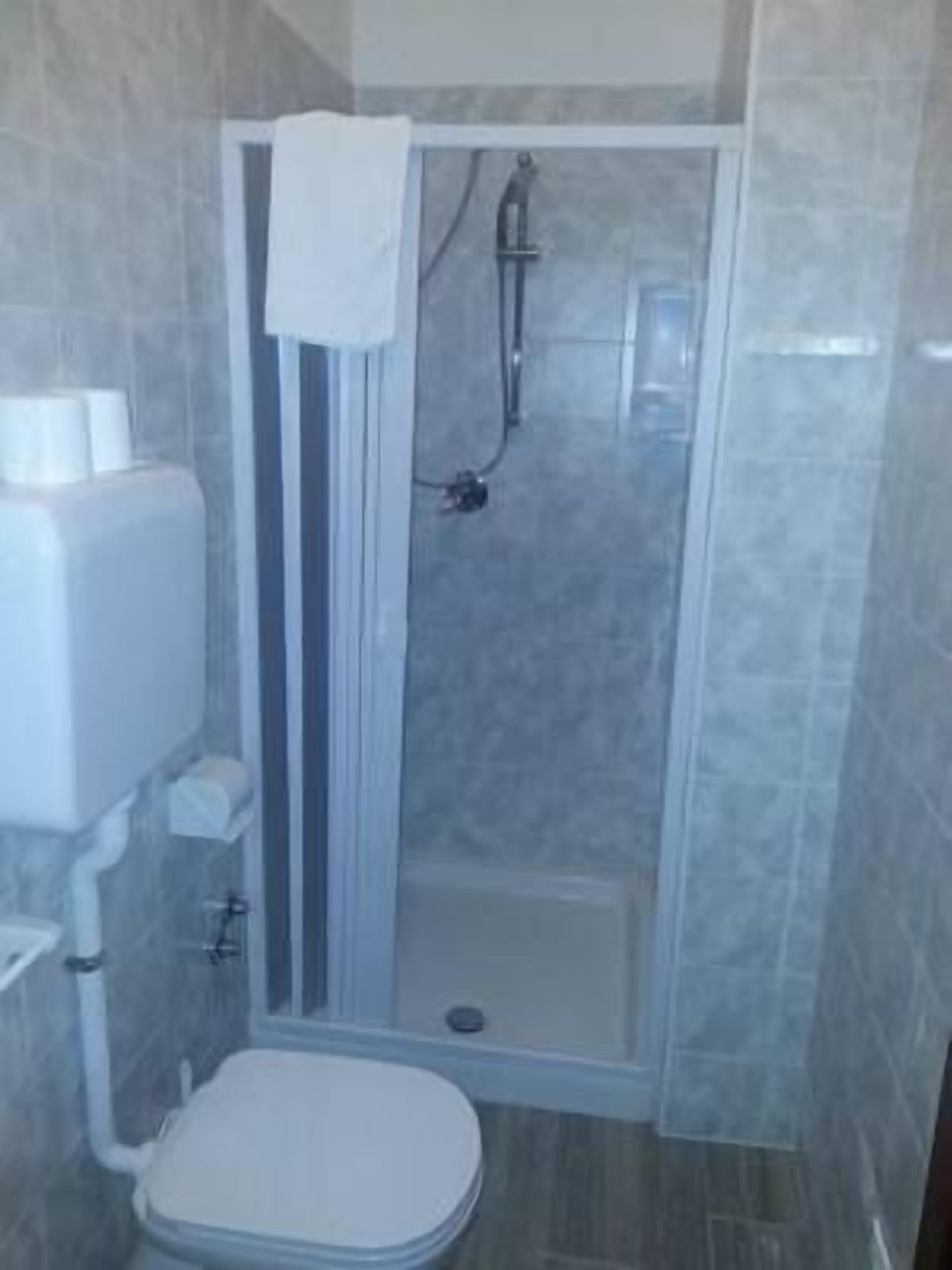 A bathroom with a shower enclosure, toilet, and a towel rack.