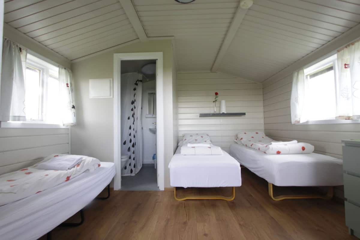 A room with two single beds, a shower area, and a small window.