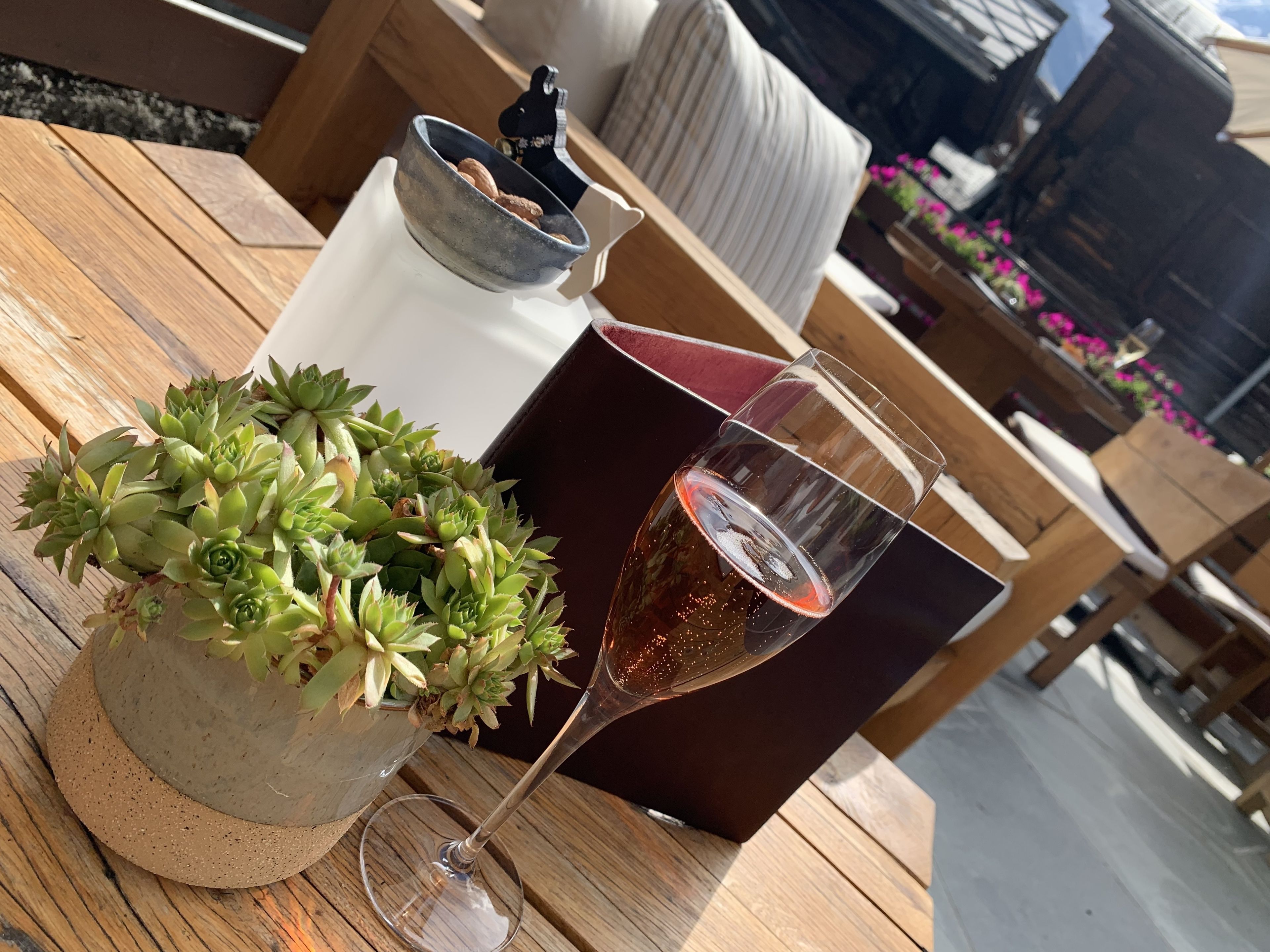 Una mesa con un suculento en maceta, una copa de vino y un candelabro.