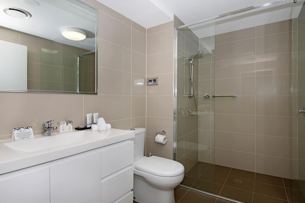 combined shower/bathtub, free toiletries, towels
