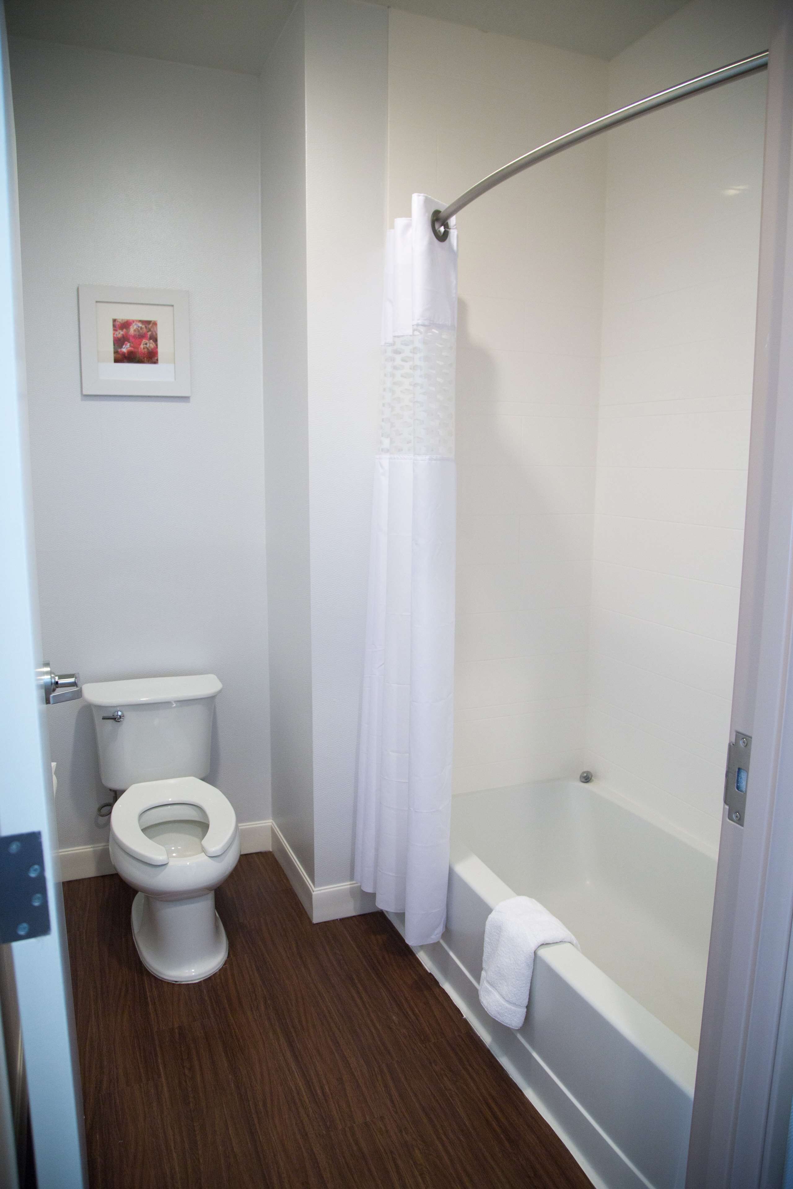 A bathroom with a toilet, a shower with a glass door, and a white curtain.