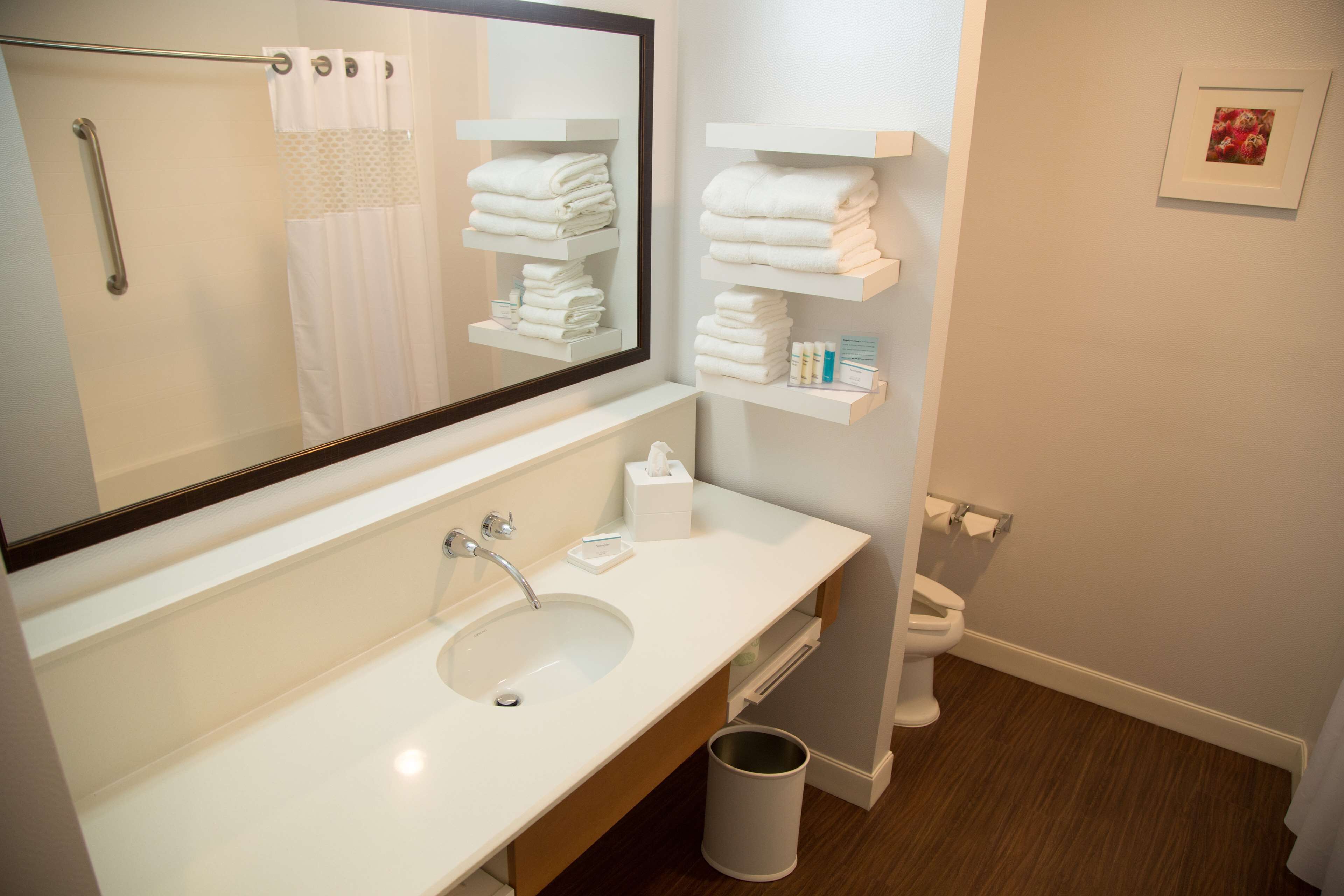 combined shower/bathtub, free toiletries, towels