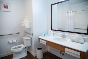 A bathroom with a toilet, sink, mirror, and hand dryer.