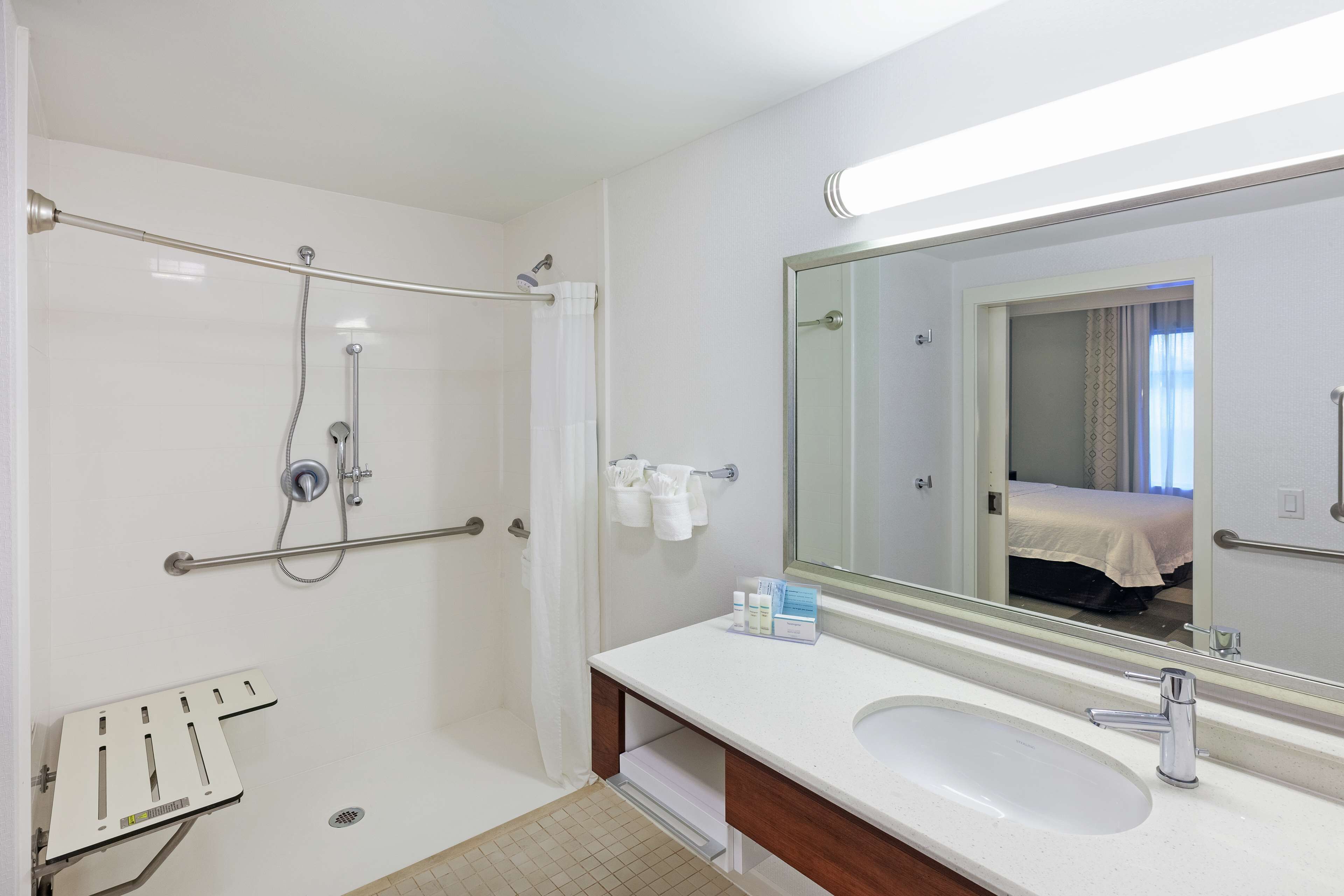 studio, 1 king bed, accessible (roll-in shower) | bathroom | hair dryer, towels